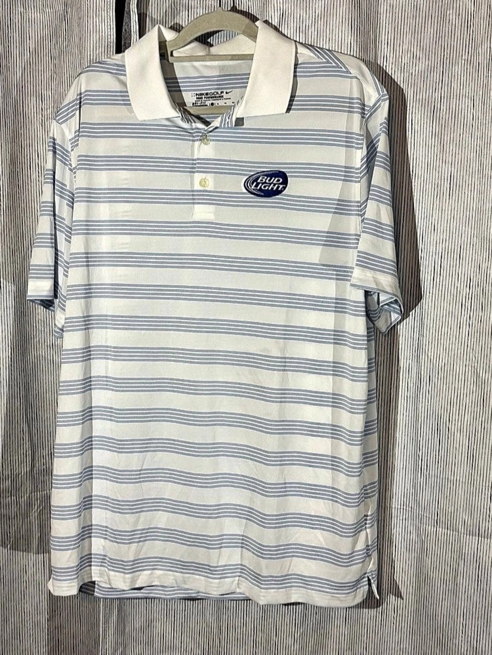 Nike Golf Bud Light Striped Dri-FIT Polo Striped Polo in White & Blue Size XL